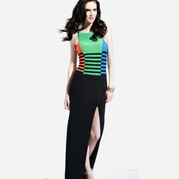 Mignon Classic Color Block Striped Maxi Dress Sz 6 Front Slit Crisscross Straps - Picture 1 of 16